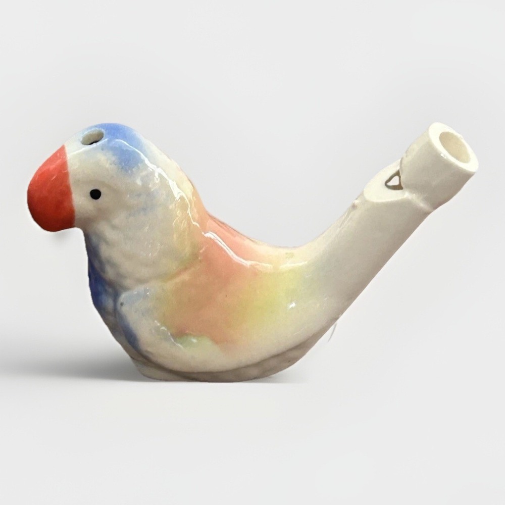 Whistle Ceramic Parrot Bird Whistle Blue Orange White Figurine MCM Style 2" X 3"
